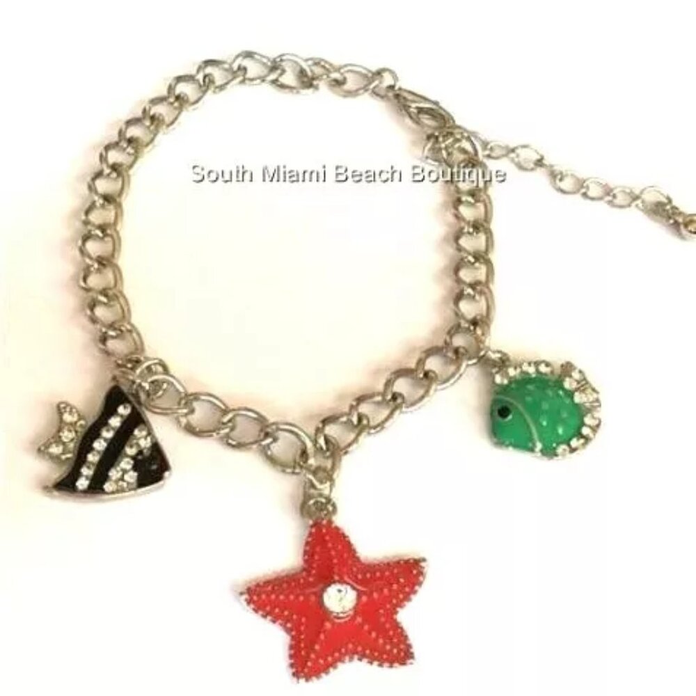 Sea Life Charm Bracelet Starfish Angel Fish 7-9" Silver Plated Crystal Enamel